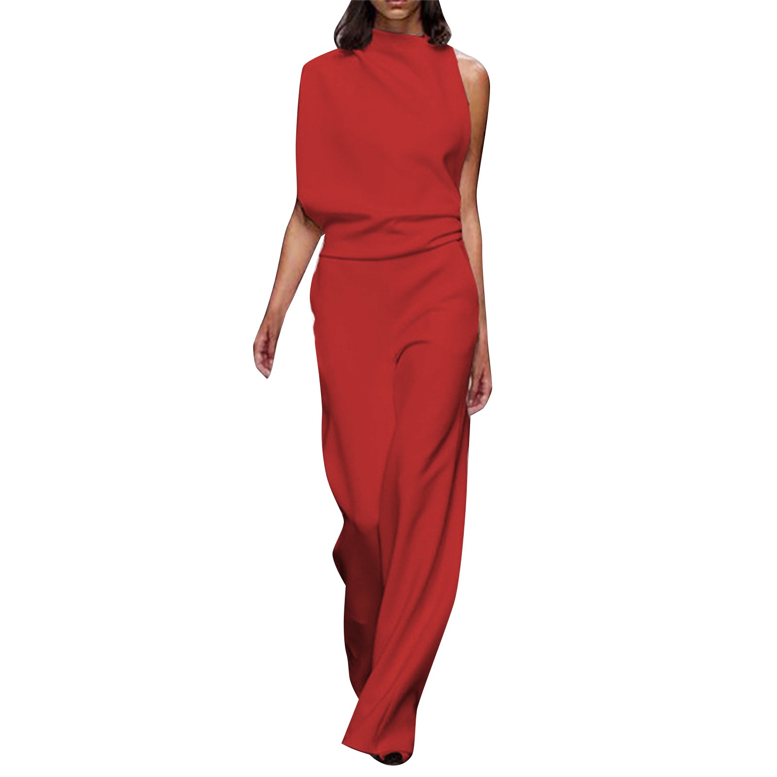 thumbnail image 4 of Mono de mujer de color liso con pantalón recto - Poliéster y spandex, tirantes finos, pierna ancha, diseño holgado informal., 4 of 4